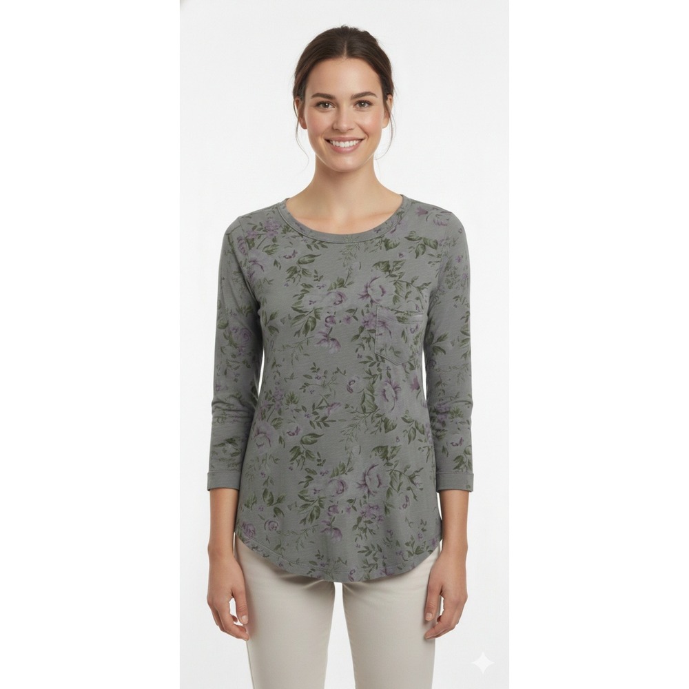 Anthropologie T.LA Sage Green Floral Long Sleeve Pocket Tee Purple Roses XS